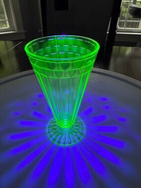 Vintage Hazel Atlas Uranium Glass Green Ribbon Ribbed 6" Tumbler Parfait